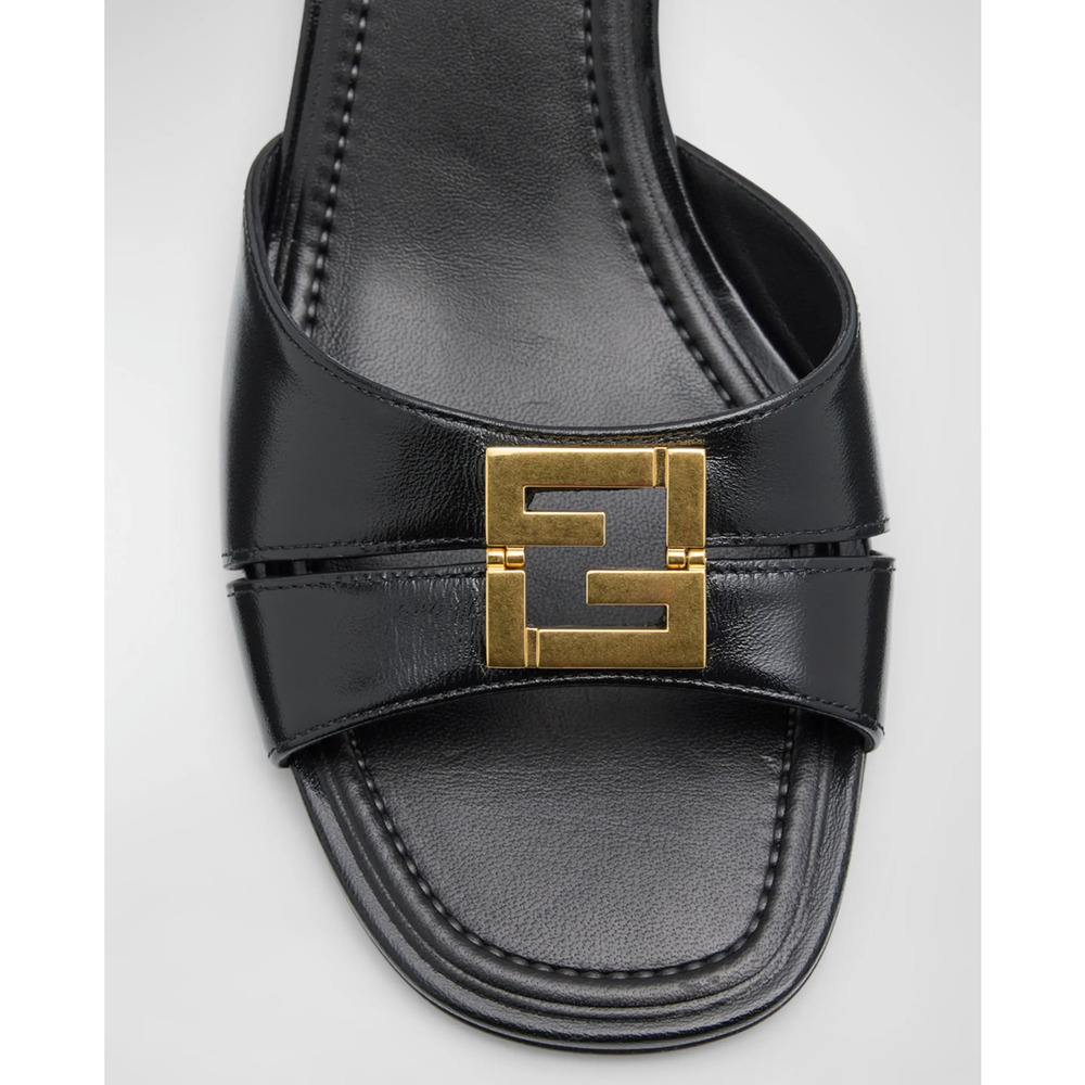 Fendi Fold Slide Black Leather Gold FF Logo Mule Kitten Heel Pump Sandals 37.5 - Picture 10 of 16